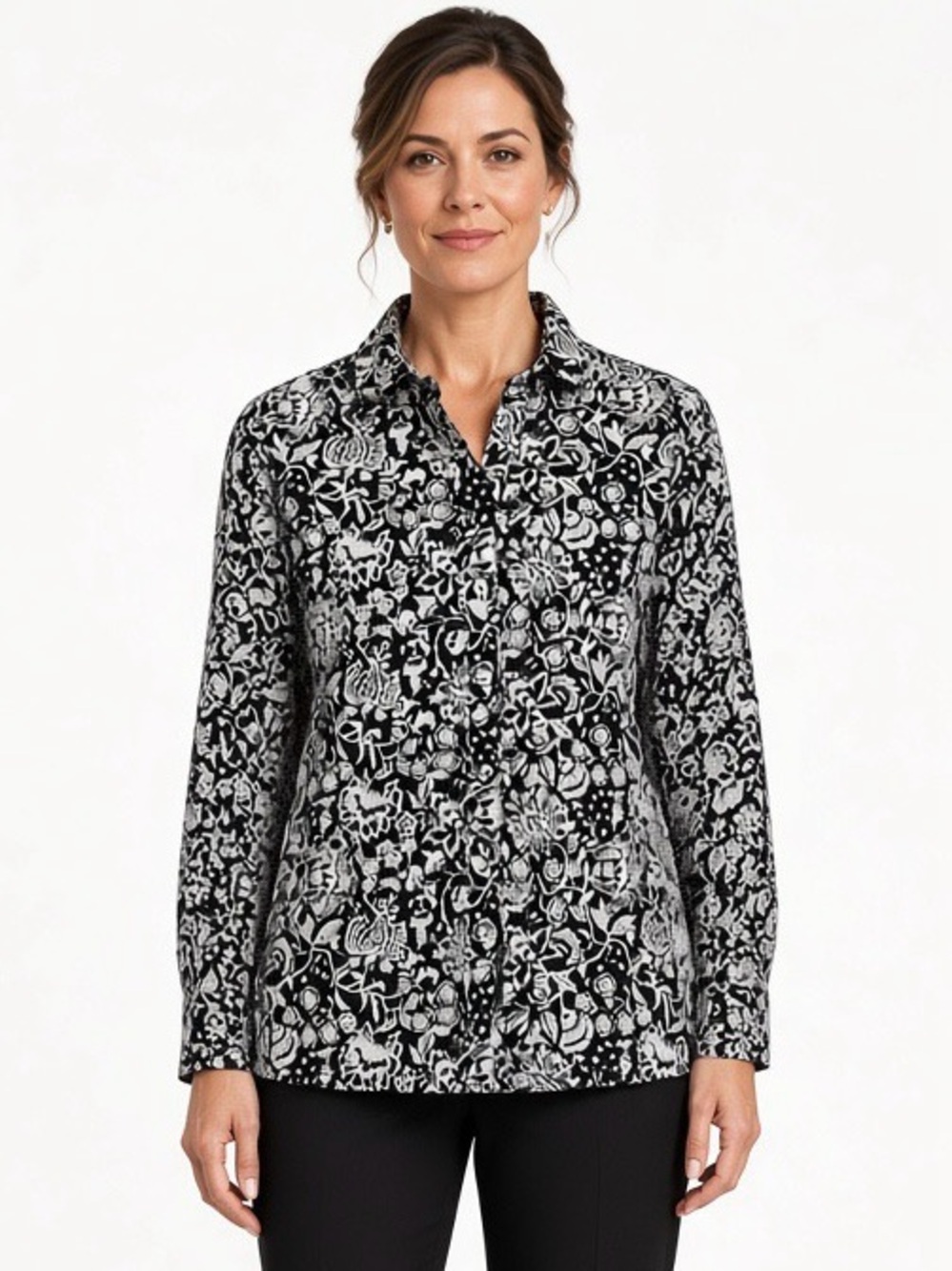Foxcroft Black and White Floral Button-Down Shirt